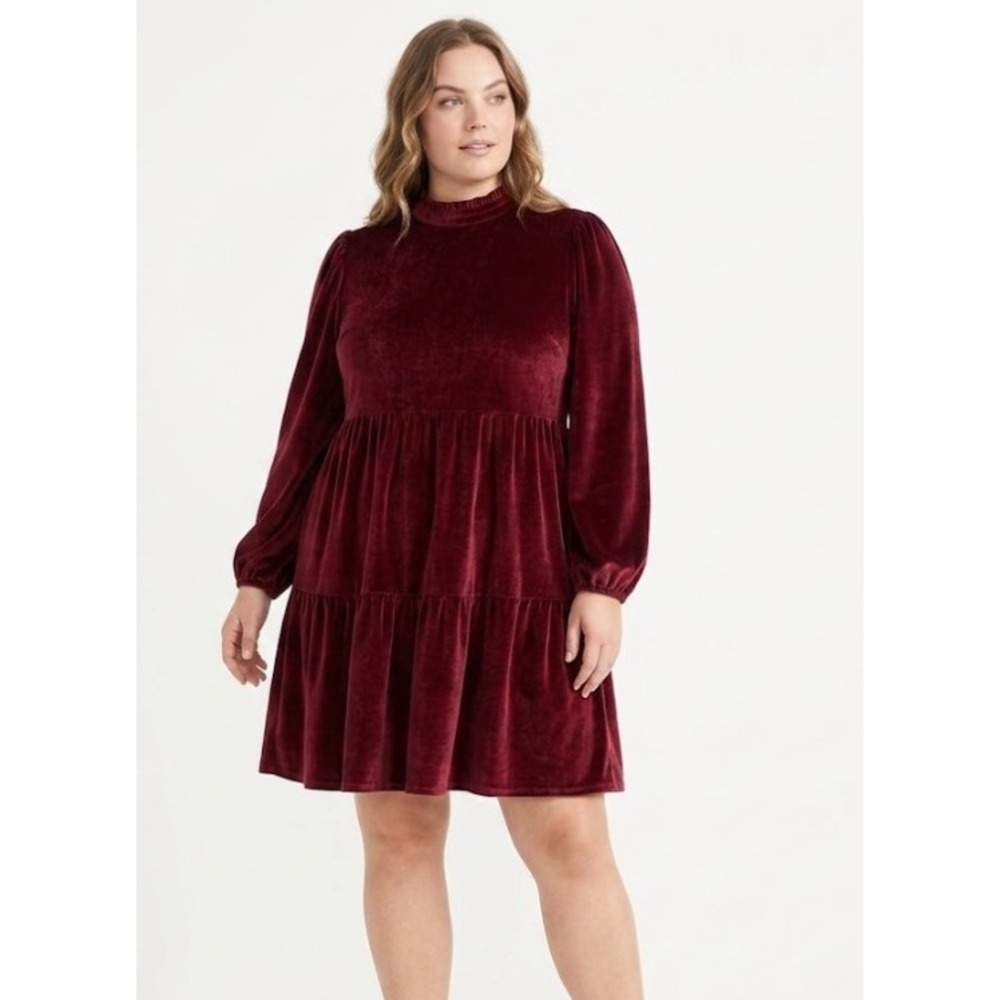 New Ophelia Roe Velvet Tiered Dress size XL Burgundy Stretch Mock Neck Evening